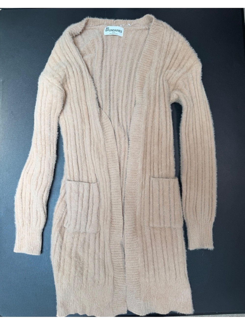 No Boundaries Women's XS Fuzzy Knit Ribbed Cardigan Beige Blush Open Front Swea